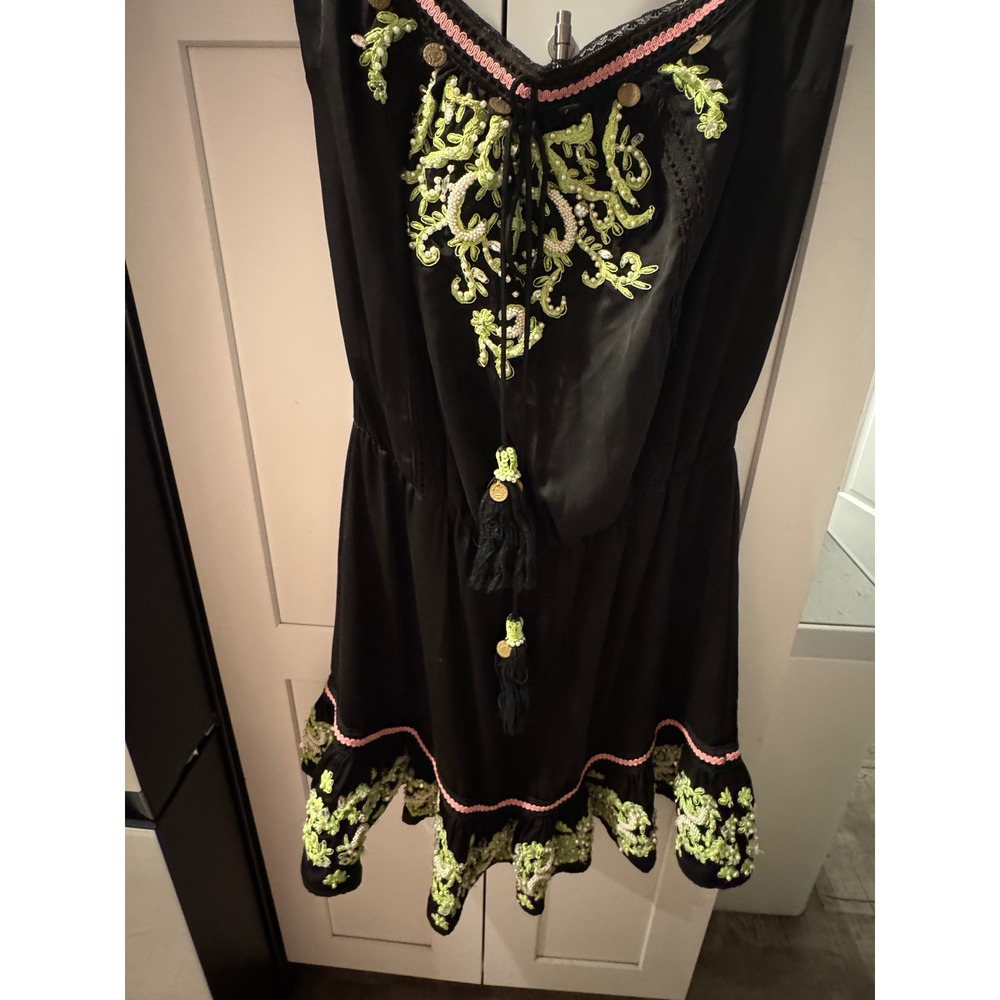 Boston Proper Black Embroidered Tassel Mini Dress ‎ Pearl Sequin Medium